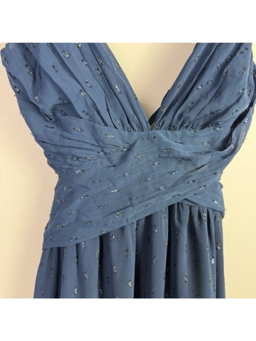 Petal + Pup Navy Glitter Ruffle Maxi Dress Deep V Lace Up Back Gala Sz L - Picture 4 of 12